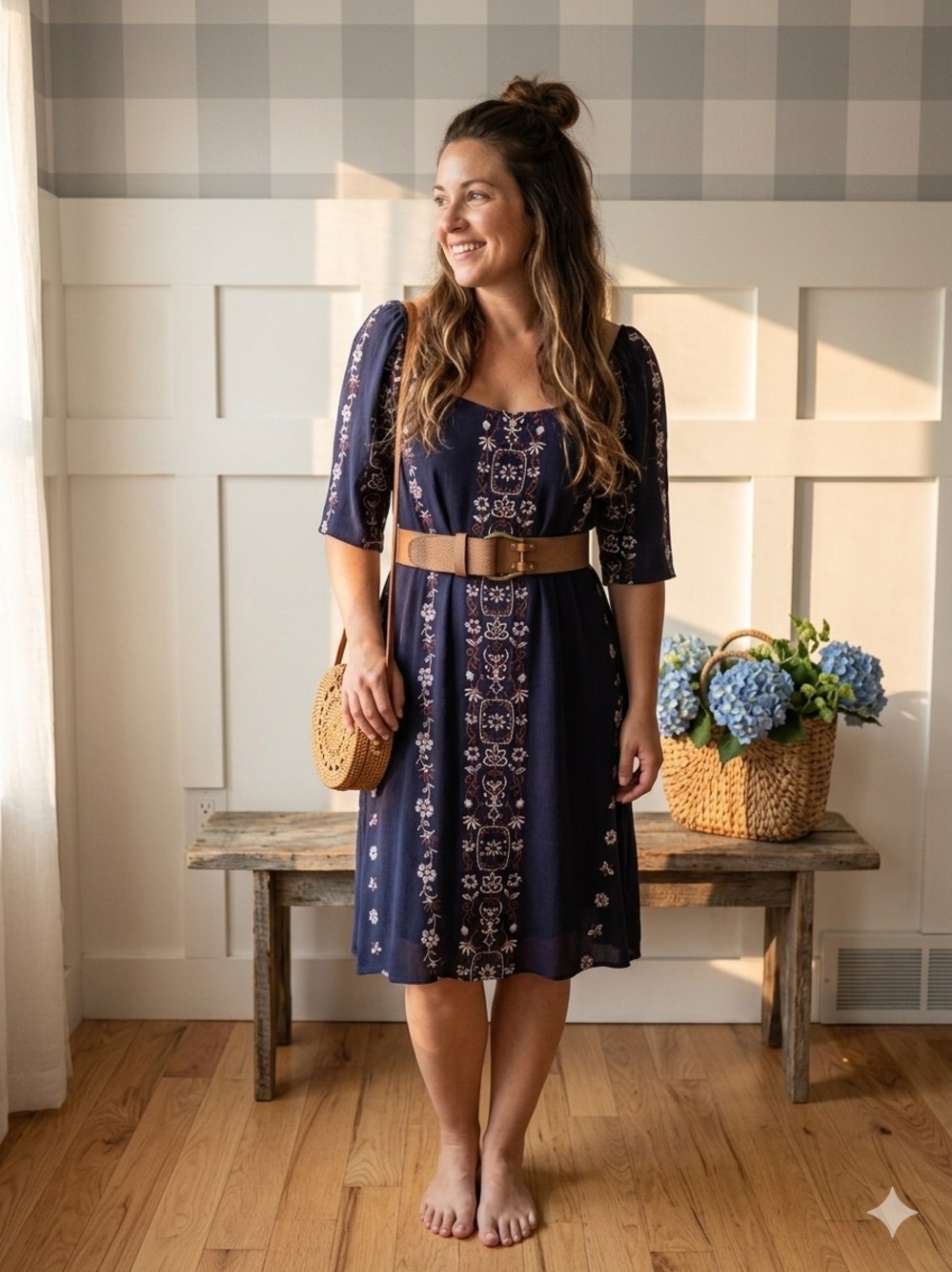 Altar'd State Navy Floral Midi Dress Large